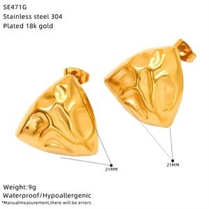 Detail view of 18k gold plated stainless steel triangle earrings with hammered texture