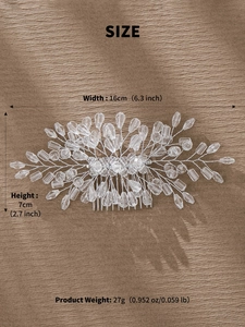 Detailed bridal hair comb dimensions with silver beads and crystals on beige fabric
