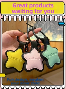 Close-up of three star-shaped leather pendants in yellow, pink, and mint green colors