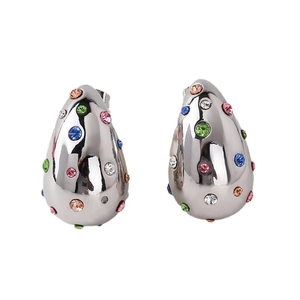 Polished silver teardrop earrings with colorful zircon stones in 18K gold plated style
