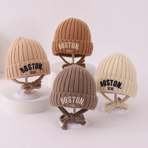 Kids Winter Knit Beanie Hat Thick Warm Ear Protection Cap With Letter Embroidery And Tie Strap For Toddler Boys Girls
