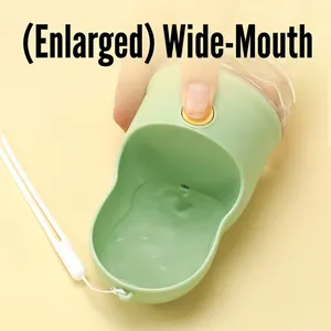 Portable pet water bottle with large diameter drinking bowl and hanging strap