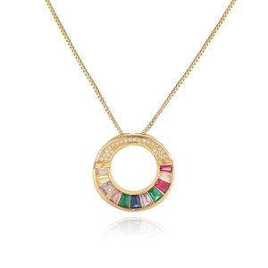 Minimalist 18K gold plated necklace with rainbow zircon round pendant on box chain