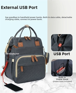 Detail of grey diaper backpack showing external USB port and internal charging cable storage