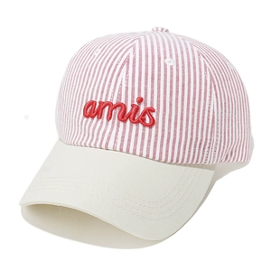Detail of red stripe baseball cap featuring amis 3D embroidery and cream brim