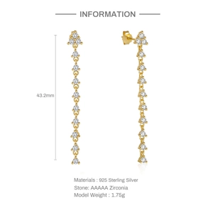 Detail of S925 sterling silver earrings with AAAAA zirconia and triangle chain tassels