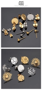 Detailed flat lay of geometric stainless steel earring studs and backs in gold and silver