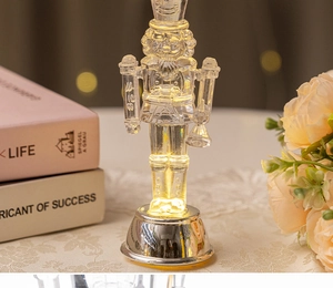 Close-up of a transparent Nutcracker soldier LED light with warm glowing base