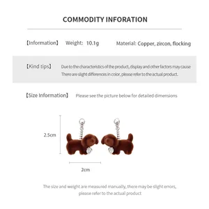 Size chart showing dimensions and weight of brown flocked dachshund puppy earrings