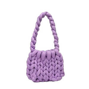 Handmade purple woven shoulder bag crafted with thick cotton rope and chunky knit texture