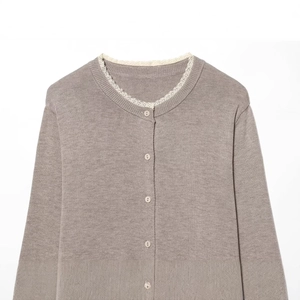Pink knit cardigan with lace trim round neck and button front closure for women