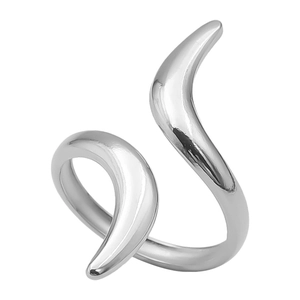 Detailed view of the streamlined spiral design on a minimalist polished steel ring