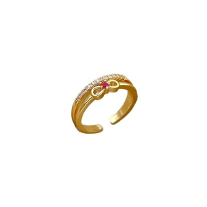 Gold-plated double layer bow ring with white zircon and a central red gemstone