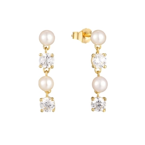 Macro view of S925 silver earrings with alternating white pearls and clear cubic zirconia