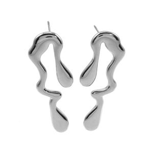 Irregular liquid metal drop earrings in polished silver stainless steel for women