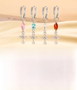 Cross pendant earrings with colorful marquise zircons and 10mm inner diameter details