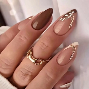 Press On Nails Long Almond Stiletto Artificial Fake Nail Tips Brown White Nude Minimalist French Style Gold Leaf Decor For Women