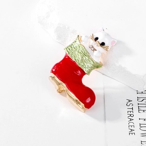 Christmas stocking brooch with cute white cat in red enamel and sparkling crystal collar