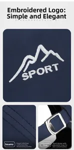 Detailed views of sport mountain embroidery and adjustable metal buckle on navy cap