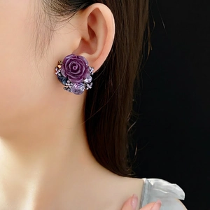 Vintage luxury flower stud earrings with purple resin rose and sparkling crystals