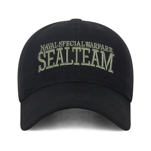 Black cotton baseball cap with military green Naval Special Warfare embroidery on front
