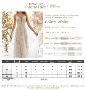 Size guide for sleeveless white lace V-neck wedding dress with polyester fabric details