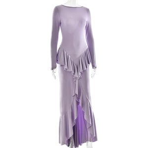 Detail of lavender slim-fit dress with asymmetric ruffles and elegant draped hemline