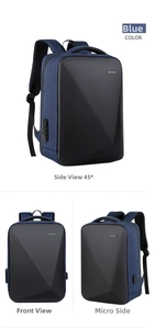 Blue business laptop backpack with geometric hardshell side lock and USB charging port