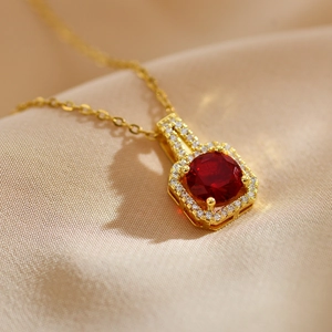 Elegant gold titanium steel necklace with a square pendant and red zircon stone