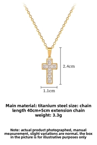 Macro shot of titanium steel cross necklace with square zircons and 40cm chain size info