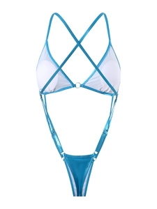 Macro shot of metallic blue swimsuit showing cross-straps and metal ring connector detail