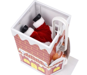 Detail view of electric Santa Claus climbing chimney toy with inner gear mechanism