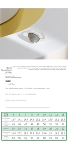 Detailed size chart for S925 sterling silver moonstone ring with diameter measurements