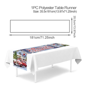 Detailed view of Merry Christmas table runner with size specs 35.5x181cm and red car design