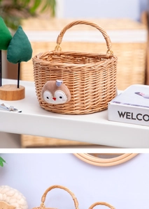 Macro shot of handwoven willow storage basket featuring a cute owl character applique