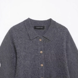 Dark grey knit polo cardigan with soft fuzzy texture and classic button-down polo collar