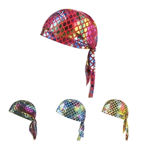 Metallic Fish Scale Durag Bandana Polyester Rainbow Gradient Long Tail Hip Hop Headwrap For Men Women