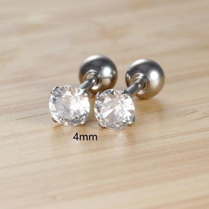 Detailed macro view of 4mm cubic zirconia stud earrings with a 4-prong setting and screw back