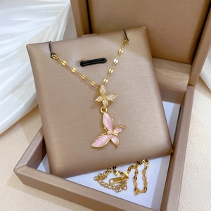 Elegant gold titanium steel necklace featuring layered pink oil-dripped diamond butterflies