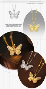 Macro detail of s925 silver butterfly pendant with multi-color zircon inlay work