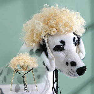 Detail view of blonde afro style pet wig for dogs with adjustable black drawstring strap