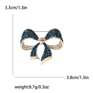 Blue bow brooch with rhinestones and love heart charm, 3.8x3.3cm elegant jewelry piece
