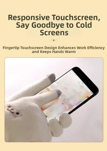 Detailed view of white knit gloves with grey touchscreen tips and animal embroidery