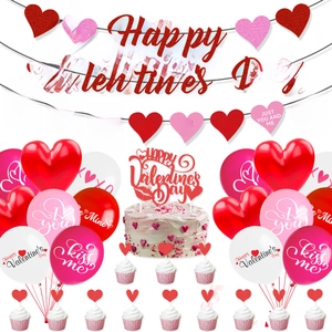 Complete Valentine's Day party decor set with red banners, heart cards, and colorful balloons