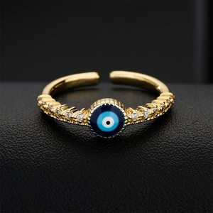 Evil Eye Adjustable Opening Ring Copper 18K Gold Plated Micro Pave Cubic Zirconia Lucky Blue Eye Jewelry