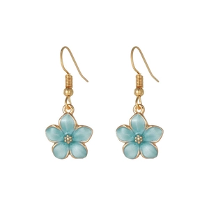 Close-up of light blue daisy petal earrings with gold flower stamens and hooks