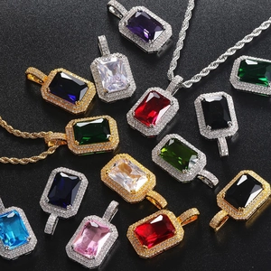 Smaragdschliff Zirkonia Anhänger Halskette Kupfer Mikro-Pave Iced Out Hip Hop Schmuck Für Herren Damen Seilkette