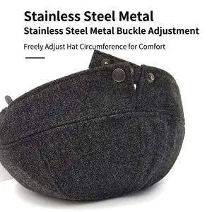 Wool newsboy cap in dark grey featuring adjustable stainless steel snap buttons