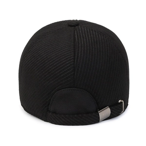 Back view of black corduroy baseball cap with adjustable metal buckle and warm fabric