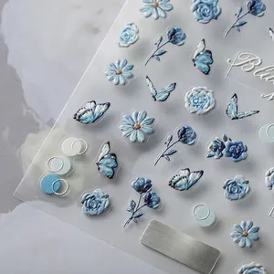 5D embossed floral nail stickers featuring blue roses, daisies and butterflies TS-2445